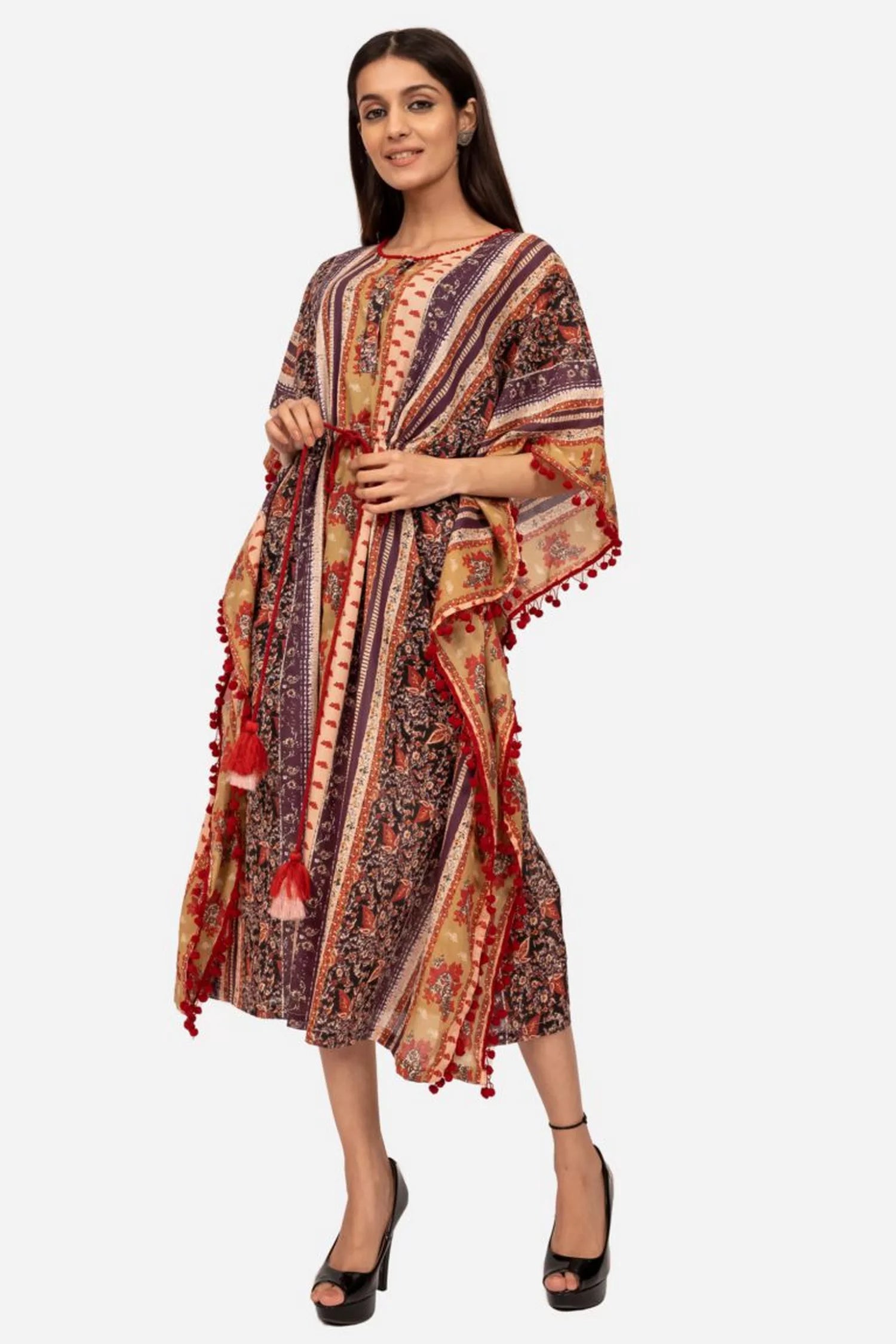 Purple and red multicolor printed kaftan dress Flowy floral dresses