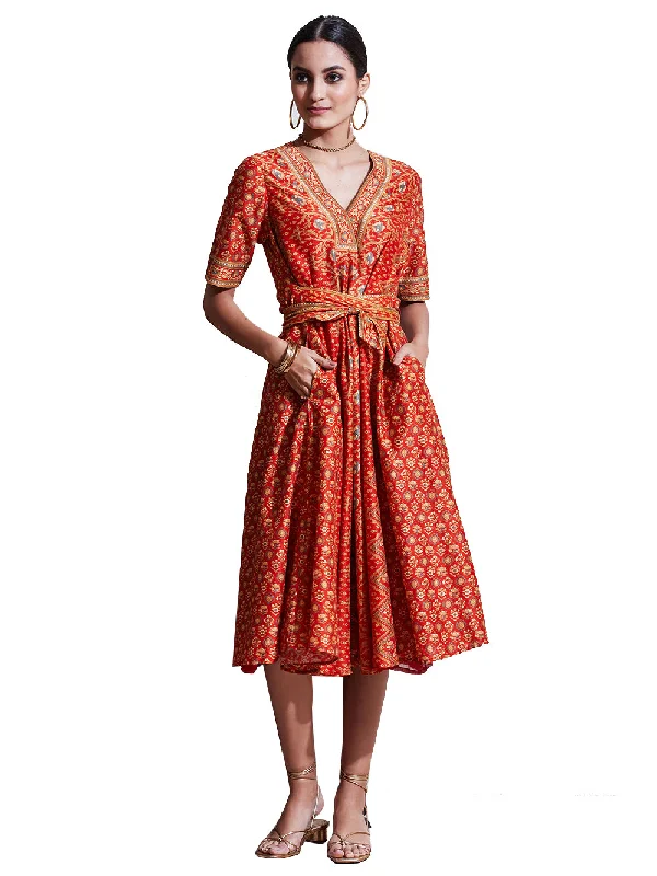 Ritu Kumar Rust & Beige Printed Chanderi Tie-up Dress Satin floral dresses