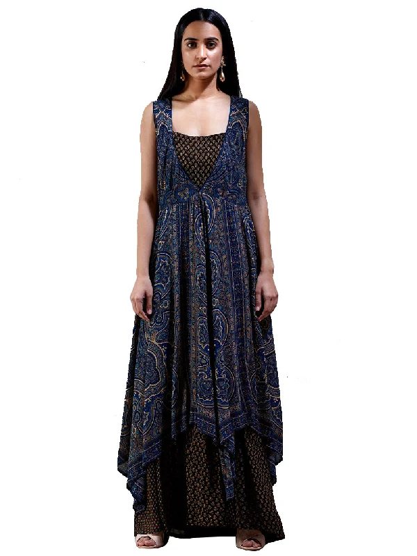 Ritu Kumar Indigo & Brown Printed Kurta Dress Linen floral dresses