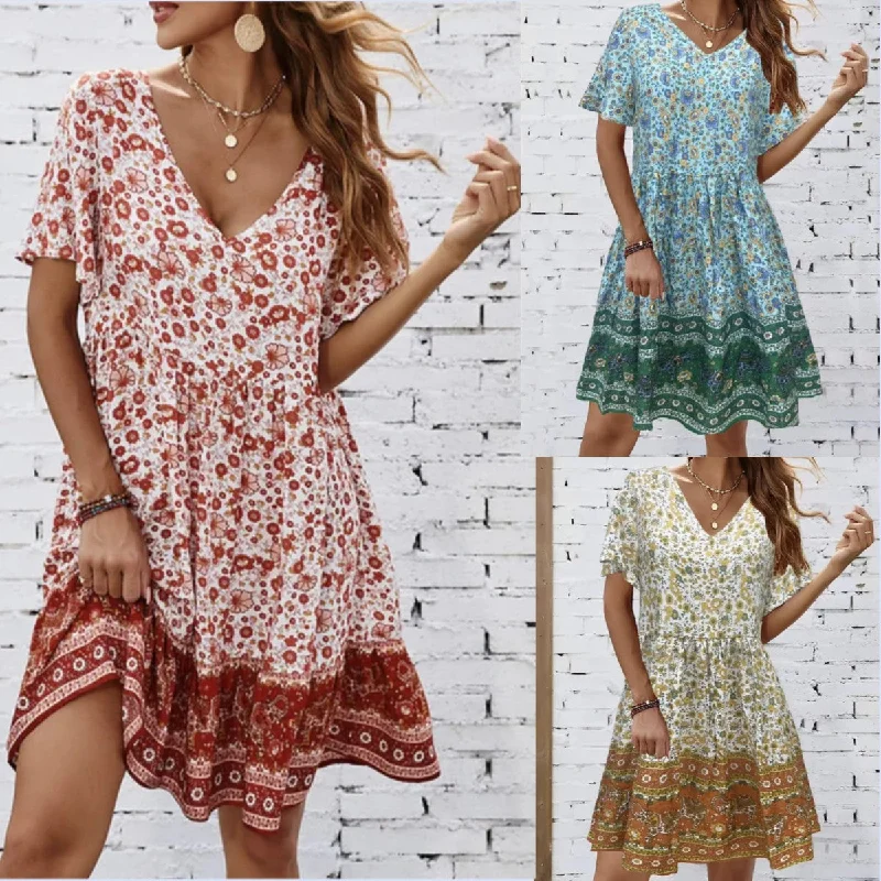 Summer V-neck Short-sleeved Printed Dress For Sleeping Preppy floral dresses