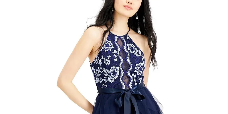 Teeze Me Women's Navy Ruffled Textured Floral Sleeveless Halter Full-Length Layered Formal Dress  Navy Size 5 Formal floral dresses