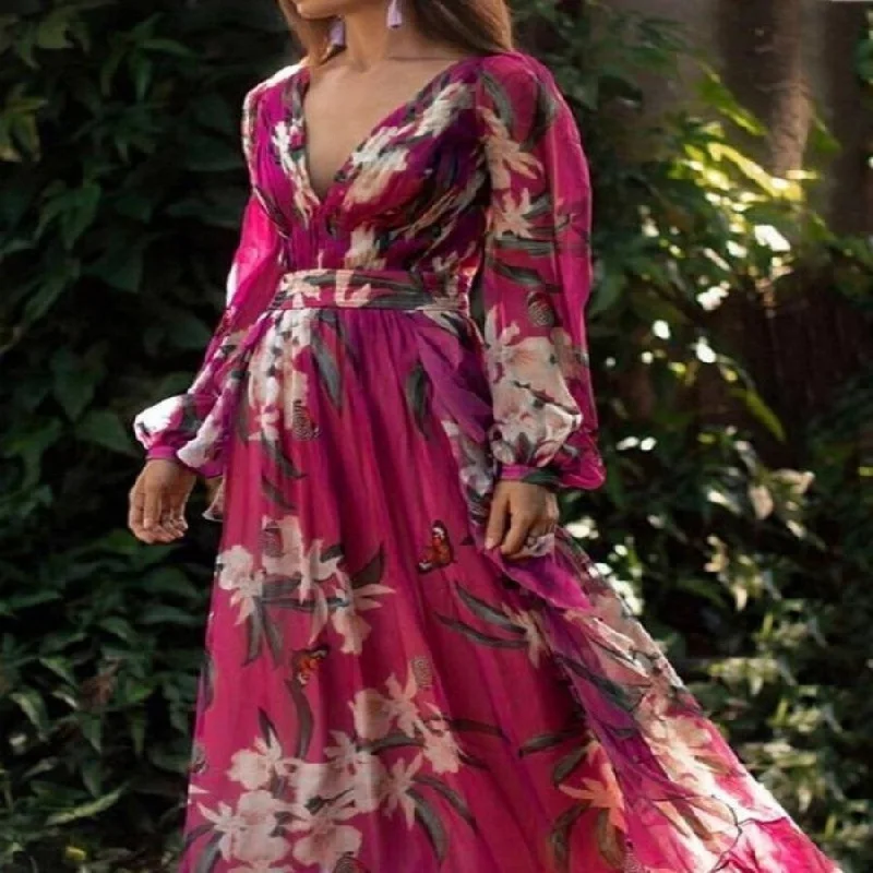 Women's Printed Wear V-neck Long Sleeve Big Hem Dress Tiered floral dresses