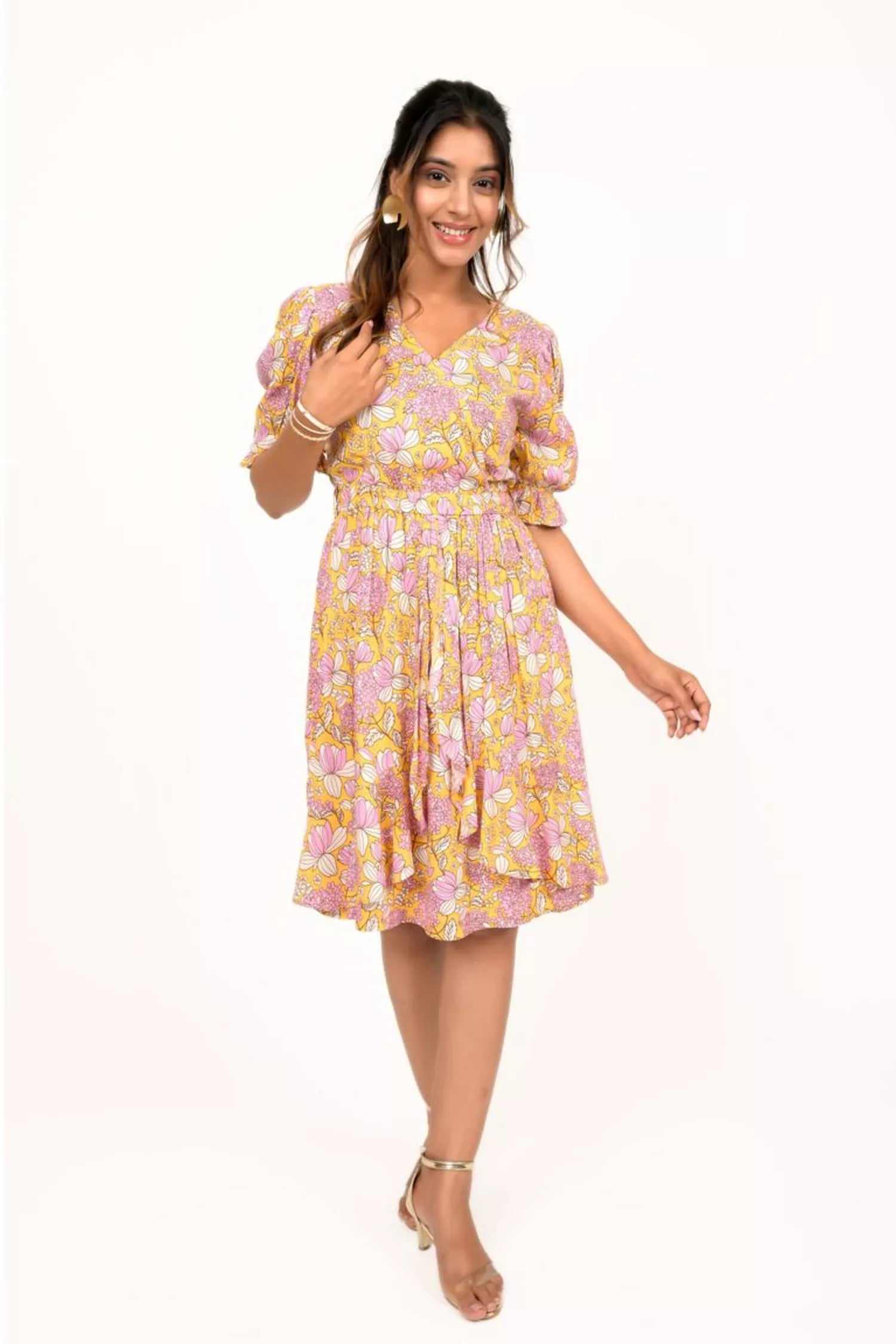 Yellow And Pink Floral Printed Short Dress Chic floral dresses