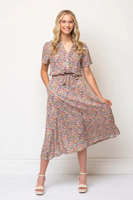 Zelie Shirt Dress in Black & Salmon Ditsy Floral Lightweight floral dresses for hot weather