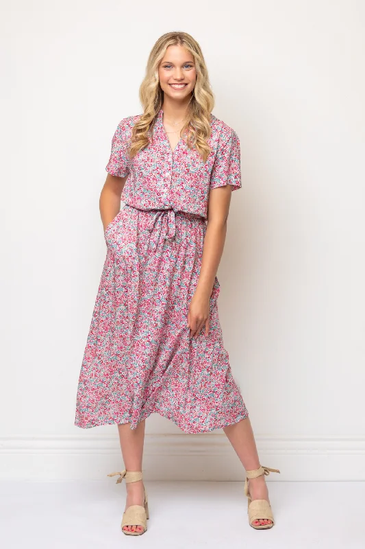 Zelie Shirt Dress in Blue & Pink Ditsy Floral Date night floral dresses