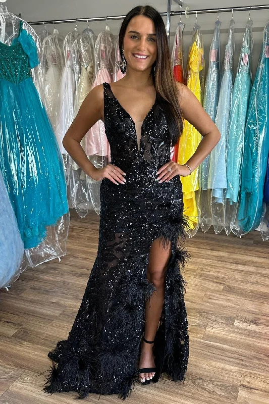 Black Sequin Appliques Plunge V Mermaid Long Formal Dress Ruffle Long Maxi