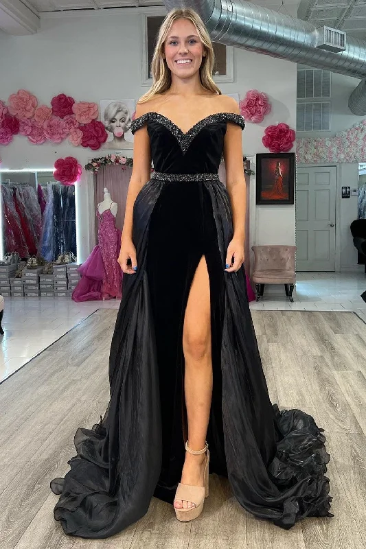 Black Velvet Beaded V-Neck Long Gown with Attached Train Printed Long Skirt