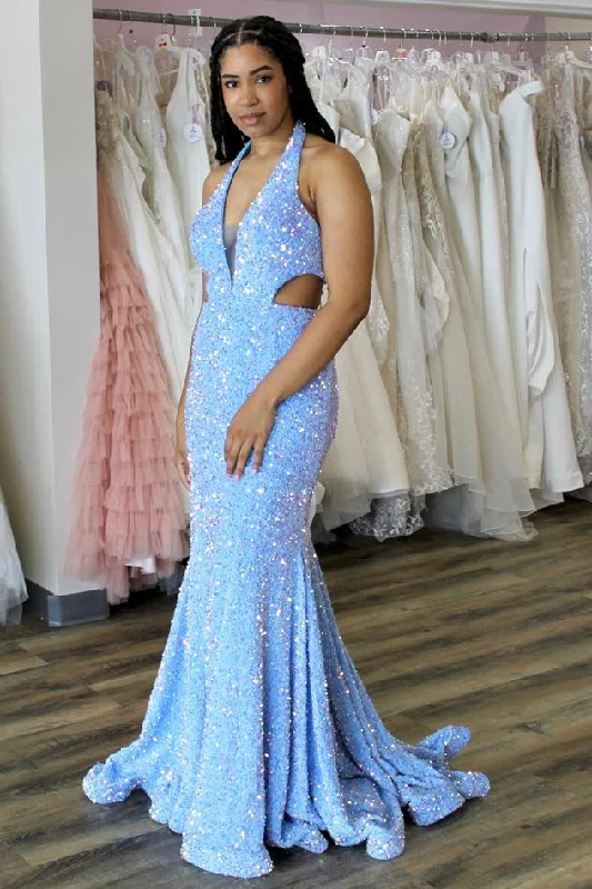 Blue Iridescent Sequin Halter Trumpet Long Prom Dress Colorful Maxi Skirt