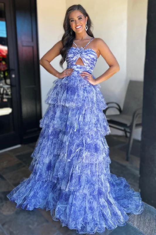 Blue Print Halter Keyhole Ruffle Tiered Long Prom Dress Button-up Maxi Skirt