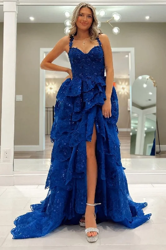 Blue Tulle Sequin Sweetheart Ruffle Tiered Long Gown Maxi Skirt Outfit