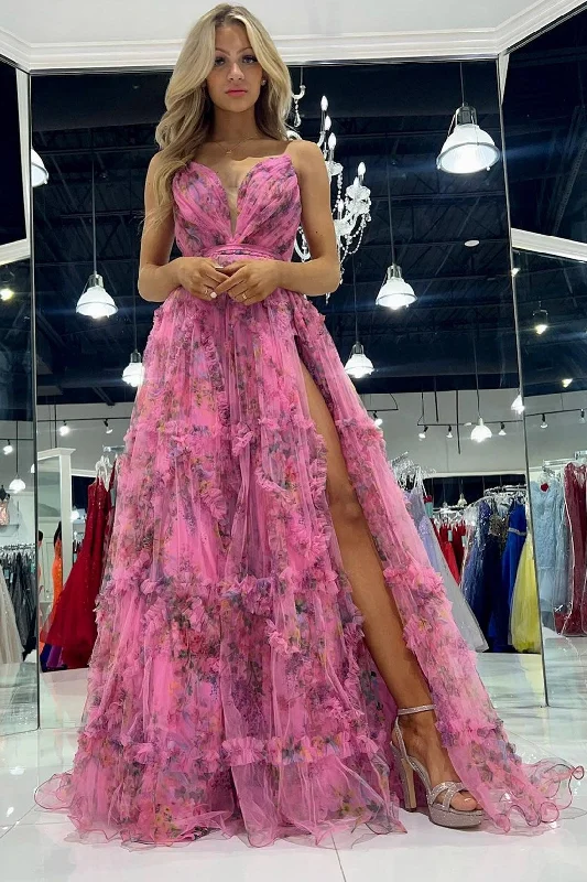 Bright Pink Print Strapless A-Line Long Dress with Slit Maxi Skirt Set