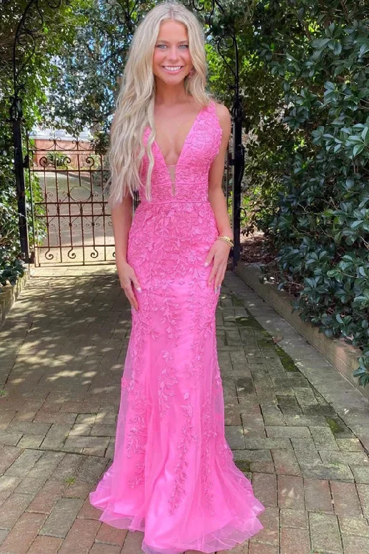 Deep V-Neck Straps Pink Lace Appliques Mermaid Long Prom Dress Soft Pleated Maxi