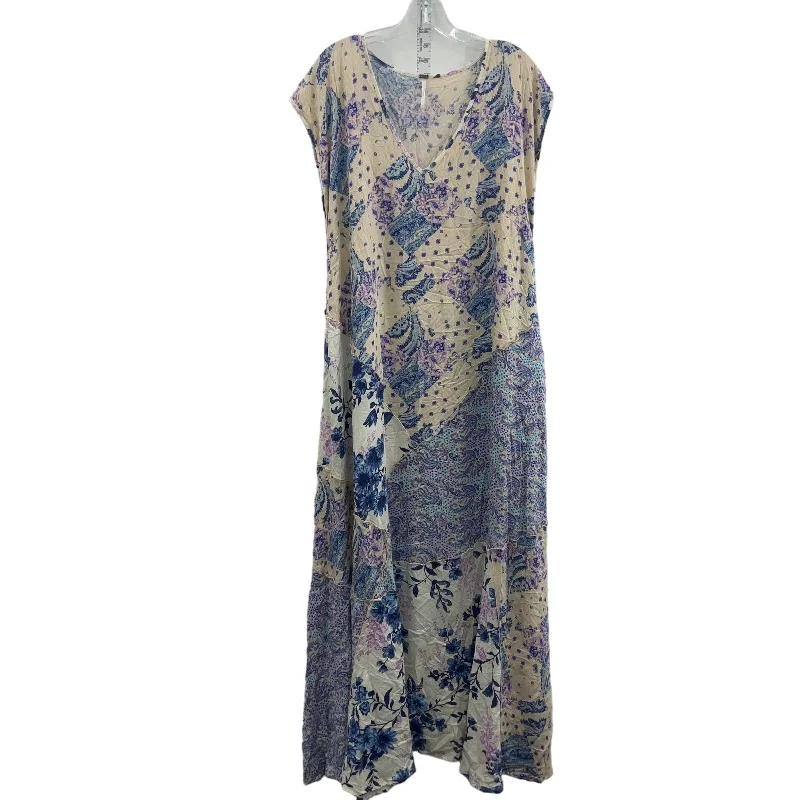 Free People Cream & Purple Womens Paisley Long Shift Dress, L, Viscose, Preowned Flowing Boho Skirt