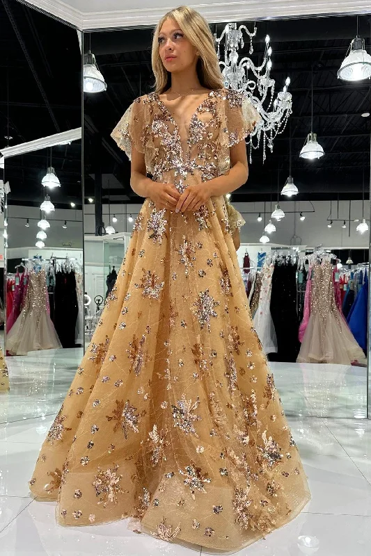 Gold Tulle Sequin Appliques Flutter Sleeve Long Prom Dress Black Maxi Skirt