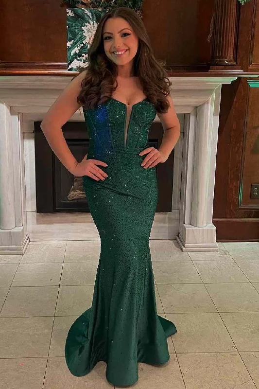 Green Spaghetti Straps V-Neck Rhinestone Mermaid Long Prom Dress Maxi Skirt Collection