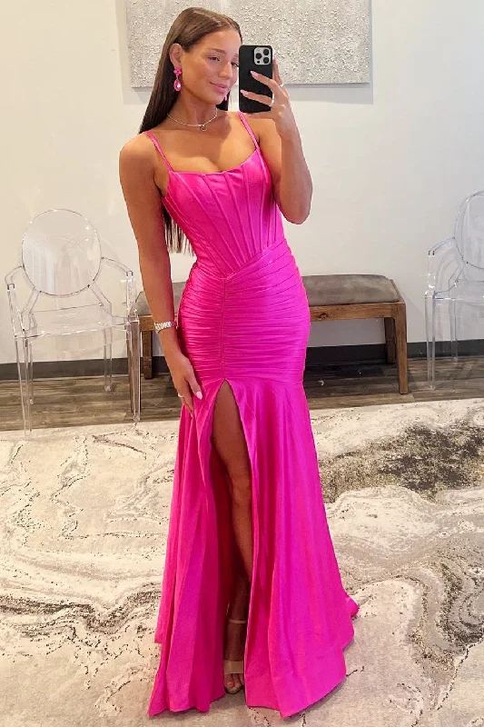 Hot Pink Scoop Neck Spaghetti Strap Long Prom Dress Front Pocket Maxi