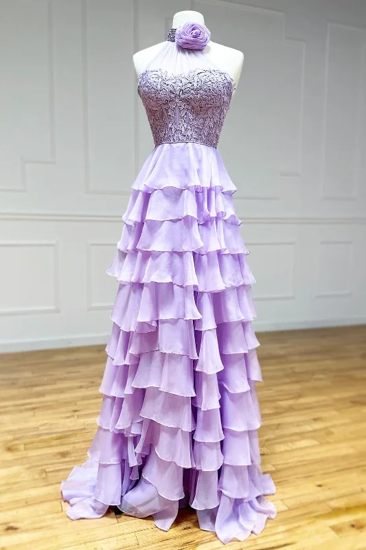 Lavender Halter Ruffle Tiered Chiffon Long Prom Dress Sexy Long Skirt