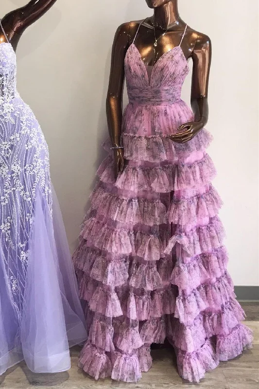 Lilac Print Lace-Up Ruffle Tiered Long Prom Dress Flowing Maxi Skirt