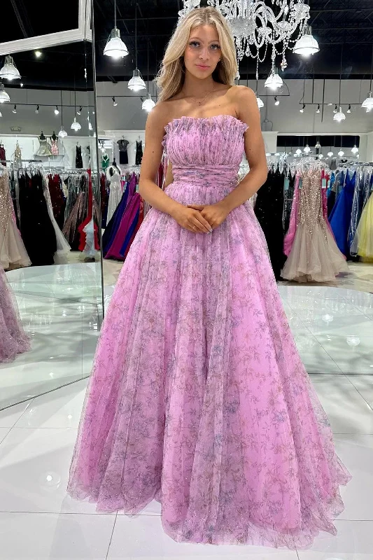 Lilac Print Strapless Ruffle A-Line Long Prom Dress Sleek Maxi Skirt