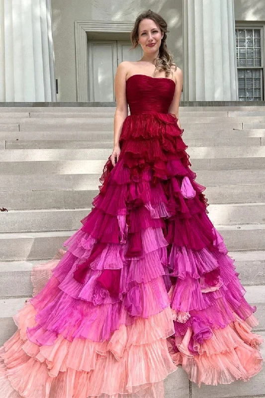 Magenta Ombre Strapless Ruffle Tiered Long Prom Dress Formal Maxi Skirt