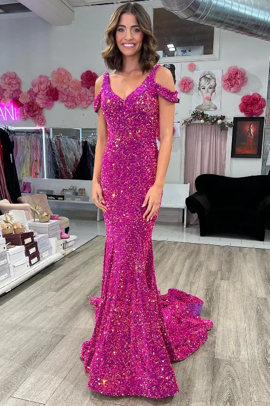 Magenta Sequin Cold-Shoulder Trumpet Long Gown Fitted Maxi Skirt