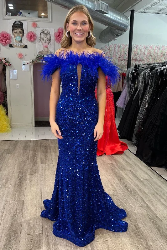 Off-the-Shoulder Royal Blue Sequin Feathers Keyhole Long Dress Layered Maxi Skirt