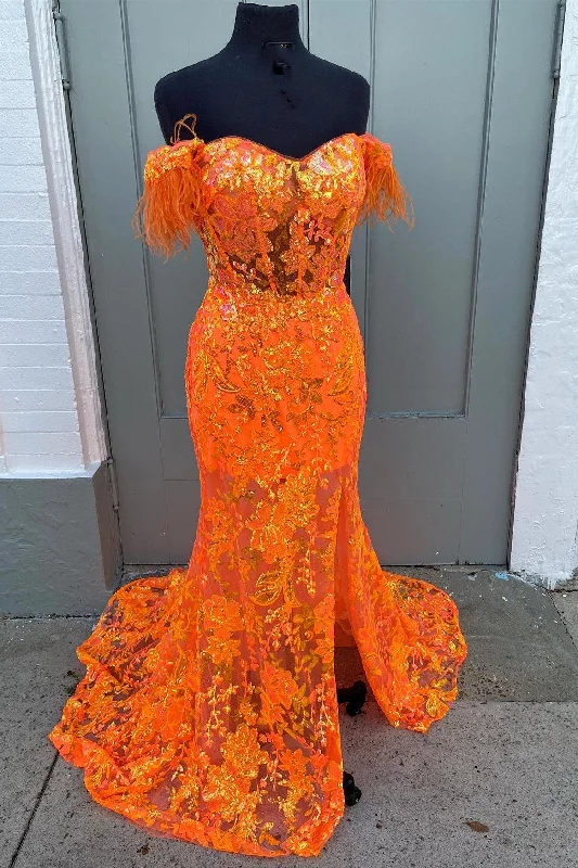 Orange Off-the-Shoulder Sequin Applique Mermaid Long Dress with Slit Ruffled Maxi Skirt