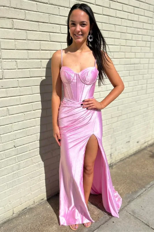 Pink Corset Spaghetti Strap Mermaid Long Formal Dress with Slit Midi Maxi Skirt