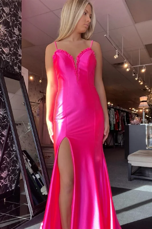 Pink Lace-Up Back Ruffle Mermaid Long Prom Dress with Slit Casual Maxi Outfit