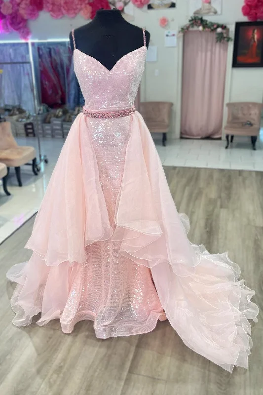 Pink Sequin V-Neck Backless Long Formal Dress with Attached Train Soft Flow Maxi