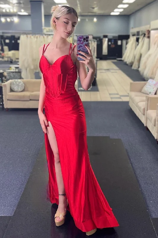 Red Corset Spaghetti Strap Mermaid Long Dress with Slit Comfortable Long Skirt