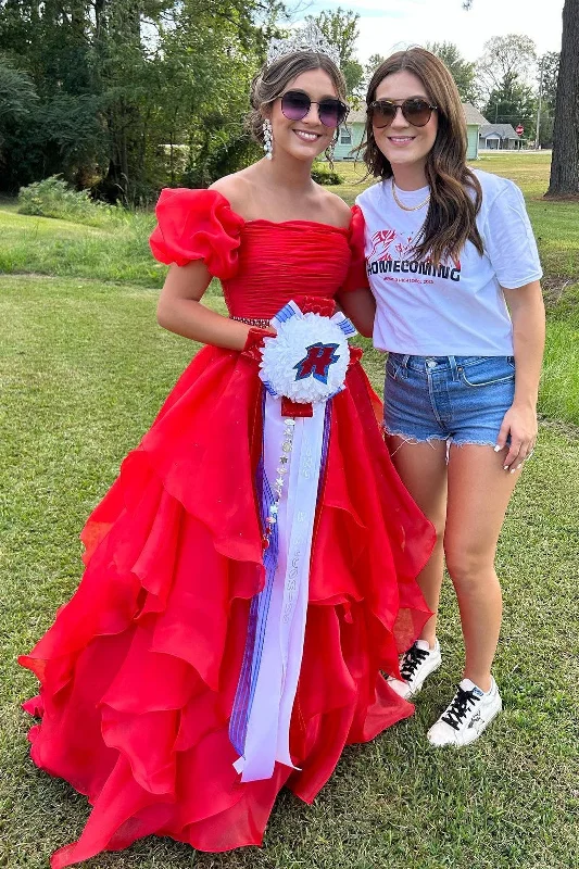 Red Off-the-Shoulder Puff Sleeve Multi-Layer Long Prom Dress Elegant Long Skirt