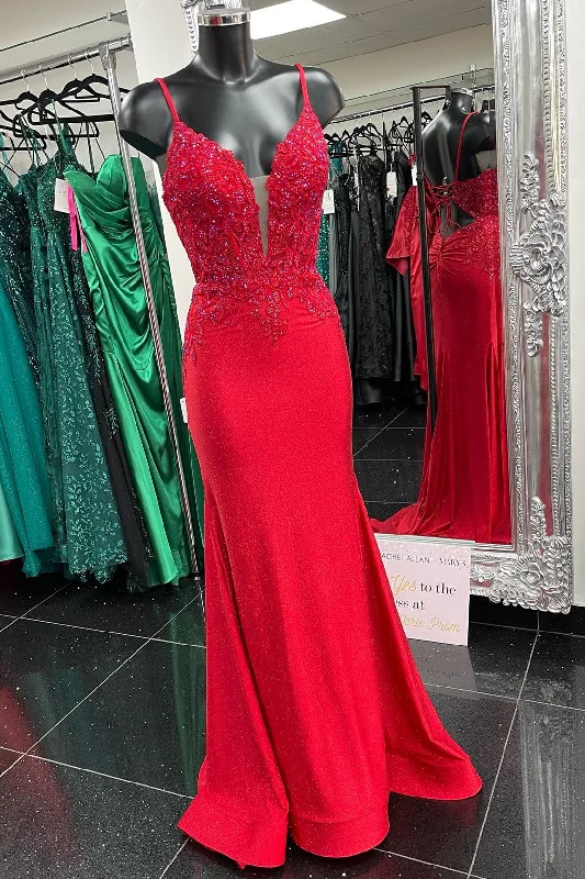 Red Plunge V Appliqué Lace-Up Mermaid Long Prom Dress Satin Maxi Skirt