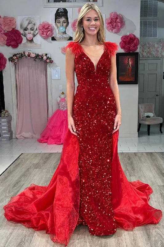 Red Sequin Plunge V Mermaid Long Dress with Attached Train Formal Maxi Outfit