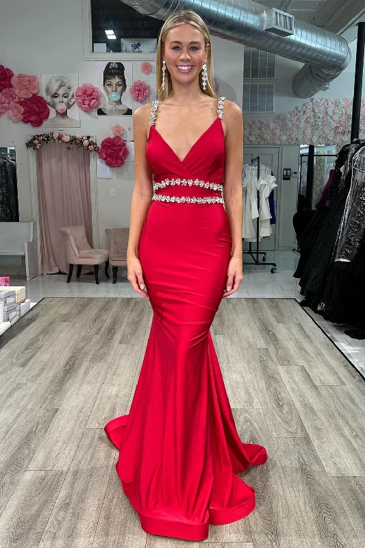 Red Surplice Open Back Beaded Mermaid Long Formal Dress Pleated A-line Skirt