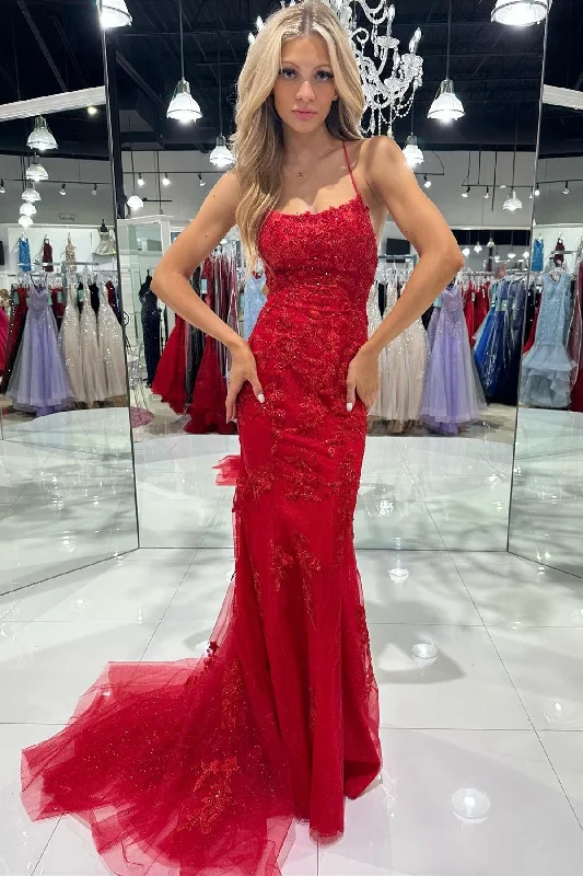 Red Tulle Appliques Scoop Neck Lace-Up Mermaid Long Dress Tulle Maxi Skirt