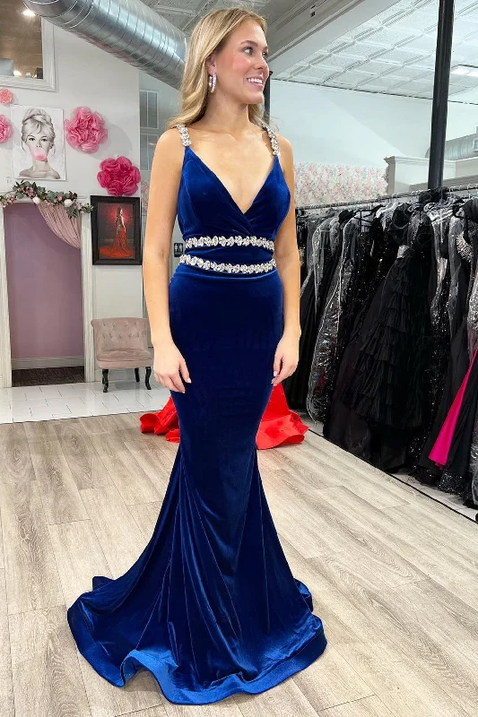 Royal Blue Velvet V-Neck Beaded Strap Mermaid Long Formal Dress Front Slit Skirt