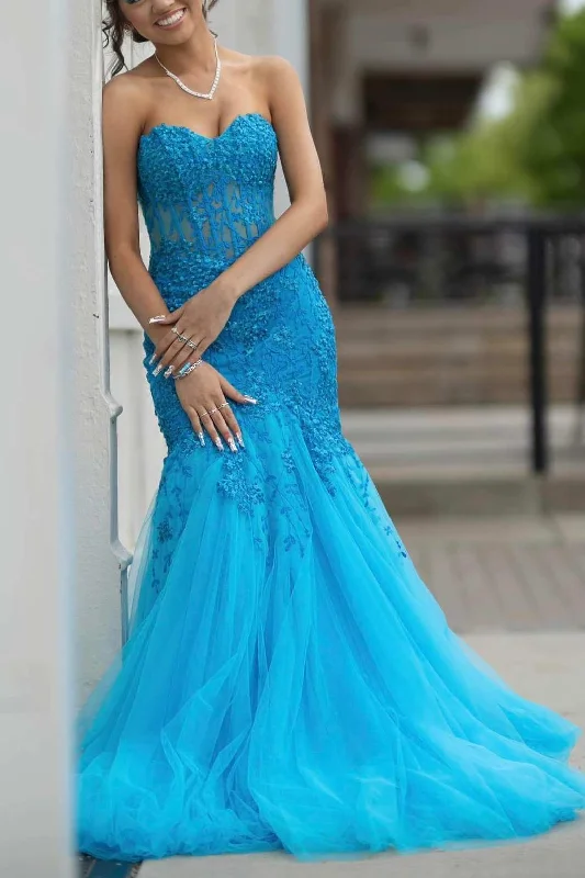 Strapless Sweetheart Appliques Mermaid Tulle Long Prom Dress Bold Maxi Skirt