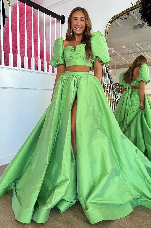 Two-Piece Green Puff Sleeve Tie-Back Long Prom Dress Summer Beach Maxi