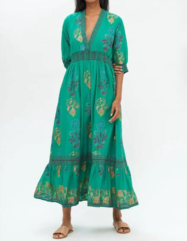 V-Neck Smocked Waist Maxi Dress In Goldenrod Green Denim Maxi Skirt