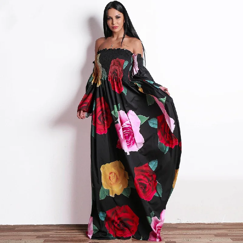 Women's Long-Sleeve Off-Shoulder Dress With Flower Print High-Waist Maxi Skirt