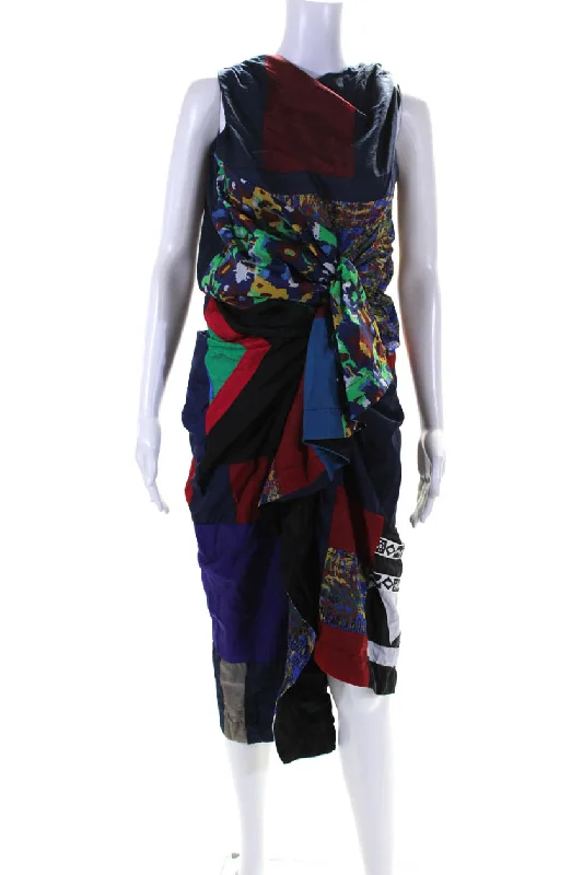 AZ Factory Womens Upcycled Windbreaker Midi Sheath Dress Multicolor Silk Midi Skirt