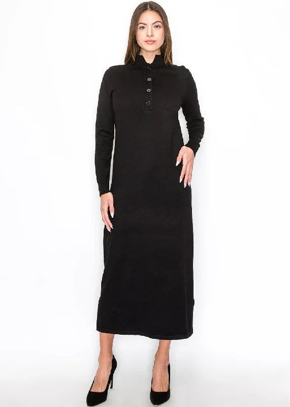 Black Knit Midi Dress with Button Detail Button-down Midi Skirt