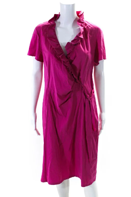 Lafayette 148 New York Women's Ruffle Short Sleeves Wrap Midi Dress Pink Elegant Satin Skirt