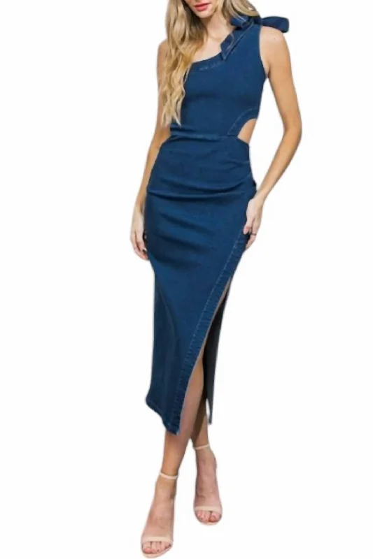 Marlowe Denim Midi Dress In Medium Indigo Soft Wool Midi