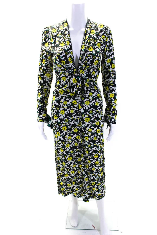 Proenza Schouler Womens Long Sleeve V Neck Midi Dress Black White Yellow Vintage Printed Skirt