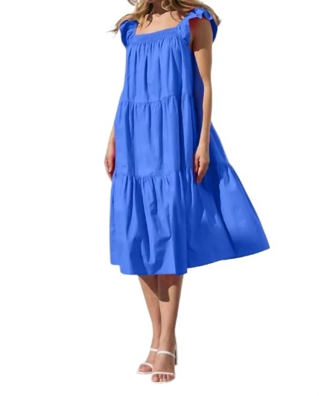 Solid Poplin Tiered Midi Dress In Blue A-line Midi Skirt