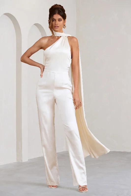 Cascada | Cream Satin Halter Jumpsuit With Draped Scarf Designer unclassified dresses