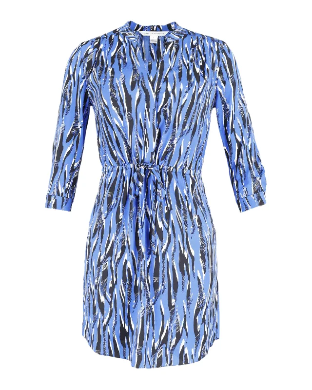 Diane Von Furstenberg Zebra Print Tie Waist Dress in Blue Silk Plus size unclassified dresses